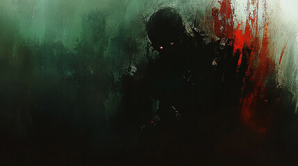 Dark, eerie figure lurking in shadowy background, creating a suspenseful atmosphere