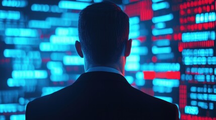Law restriction limitation audit concept. A man in a suit stands with his back turned, gazing at a vibrant display of glowing blue and red data patterns.