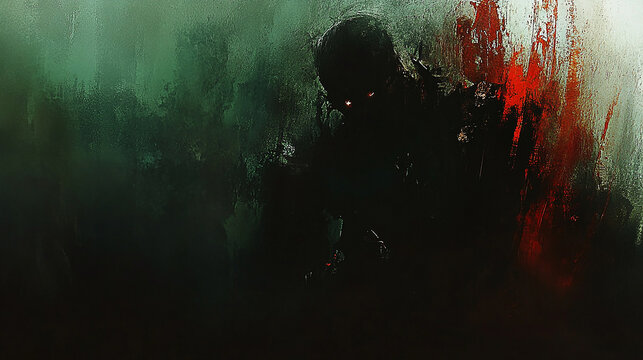 Dark, eerie figure lurking in shadowy background, creating a suspenseful atmosphere