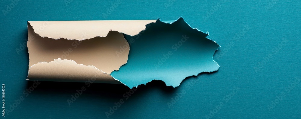 Poster torn paper revealing teal surface creates abstract visual with rough edges and rolled section