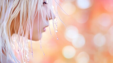 Blonde woman, water droplets, autumn bokeh background