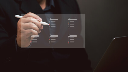 Businessmen rate their satisfaction with various business services by pen via a virtual mobile screen. Customer survey feedback review quality success performance evaluation choice online. Positive.