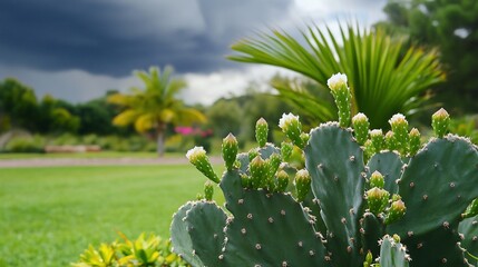Blooming Cactus in Tropical Garden Before Storm
