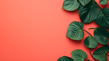 Obraz premium Epipremnum Pinnatum tropical leaves on coral color background minimal summer