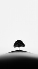 Serene Black and White Silhouette of Lone Tree on a Hilltop, Nature's Tranquility