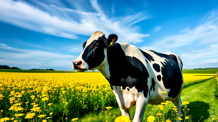 Black and white cow standing near the yellow rapeseed flower field in the summer against dramatic blue sky.