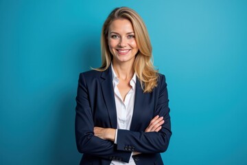 Confident Middle-Aged Caucasian Businesswoman with Long Blonde Hair Wearing a Navy Blue Suit Posing Against a Bright Turquoise Background
