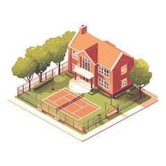 Isometric Suburban House with a Tennis Court