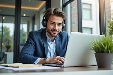 Fototapeta premium Young Caucasian Male Professional in a Suit Working Remotely from a Bright Office with Laptop and Headphones, Smiling and Engaged in Digital Communication