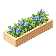 Isometric Planter Box with Blooming Blue Flowers