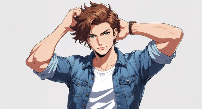 fluffy wolf cut brown hair denim shirt handsome guy posing on plain white background anime retro cartoon illustration.