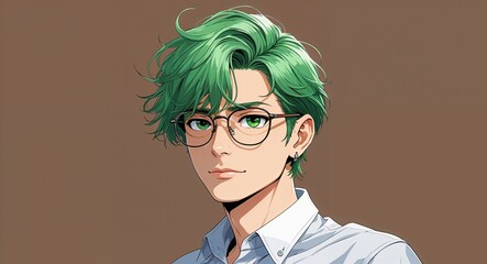 green hair guy on brown plain background with glasses anime retro cartoon illustration posing cute