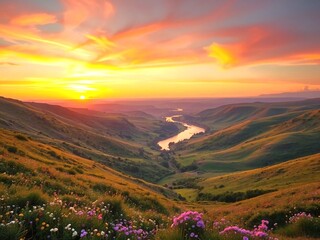 sunset in the mountains. sky, landscape, mountain, nature, mountains, sunset, cloud, clouds, sunrise, view, forest, sun, panorama, tree, summer, travel, morning, scenic, hill, green, sea, rural, fog, 