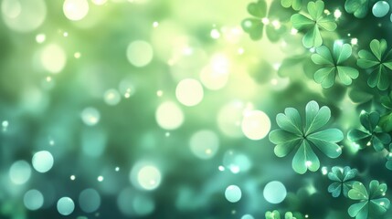 abstract background with soft, glowing shamrocks in various shades of green, layered with a subtle bokeh effect and light sparkles, creating a magical and festive ambiance.