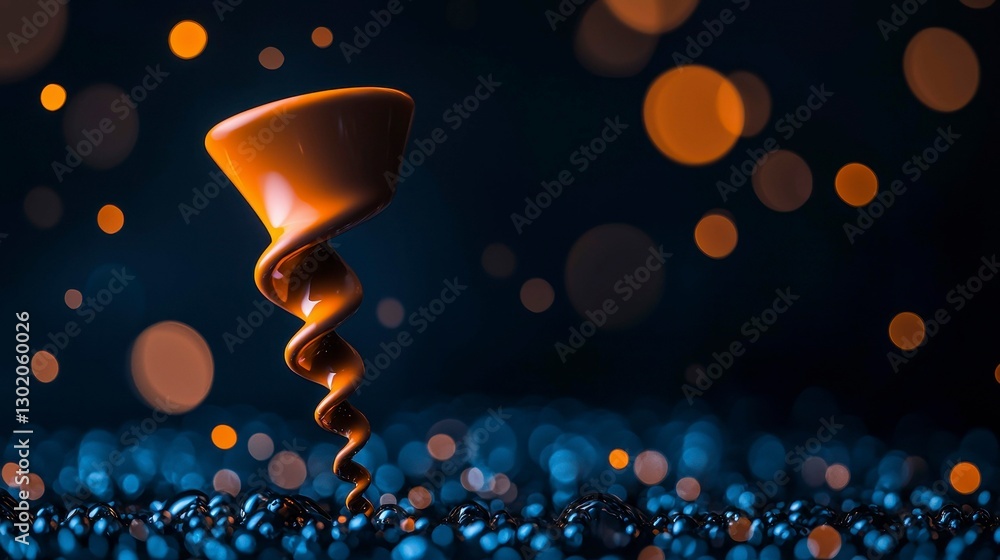 Poster abstract art composition with swirling form and spherical elements in a dark blue background