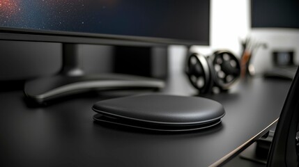 Ergonomic Workspace Setup featuring a Wrist Rest and Modern Headphones on a Sleek Desk Surface