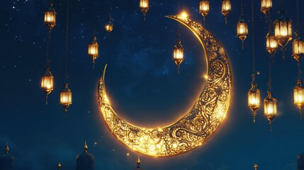 elegant golden crescent moon with intricate Islamic patterns, surrounded by glowing lanterns hanging softly against a deep blue night sky with subtle stars.