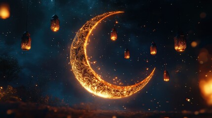 elegant golden crescent moon with intricate Islamic patterns, surrounded by glowing lanterns hanging softly against a deep blue night sky with subtle stars.