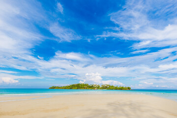 Idyllic white sans sea beach tropical rainforest island sunny day