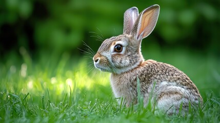 Fototapeta premium Wild Rabbit Sitting in Green Grass