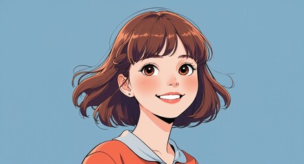 happy pose brown hair girl on blue plain background anime retro cartoon illustration