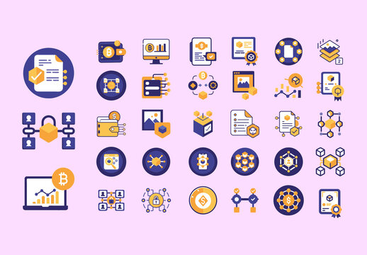 Blue and Yellow Cryptocurrency Blockchain Tech Icons Set