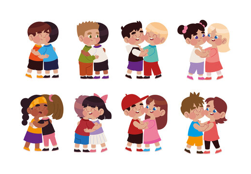 Colorful Cute Children Friendship Hug Illustration Set