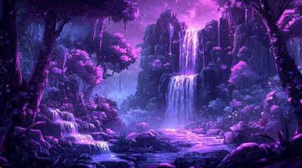 Purple Fantasy Waterfall Forest at Night