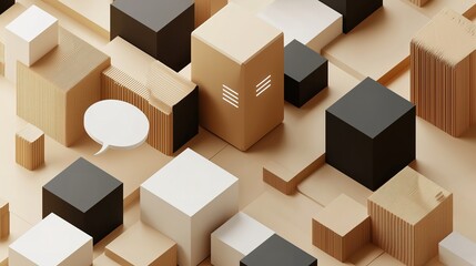 Abstract of Geometric Cube Cityscape with Speech Bubble: Concept of Urban Communication