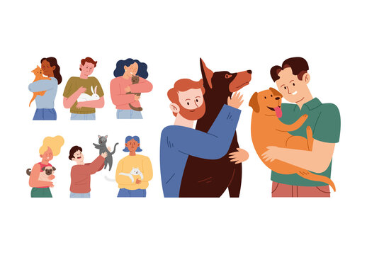 Colorful People Hugging Their Beloved Pets Illustration Set