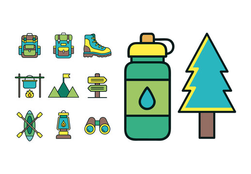 Colorful Outdoor Adventure Hiking Camping Icons Set
