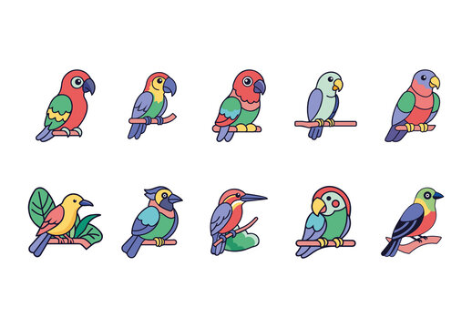 Colorful Tropical Exotic Parrot Finch Birds Icons Set