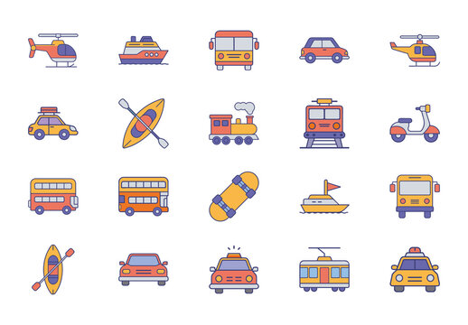 Orange and Yellow Transport Vehicles Travel Icons Set