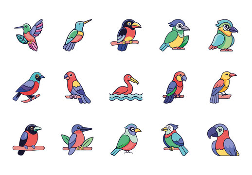 Multicolor Exotic Tropical Birds Wildlife Icons Set