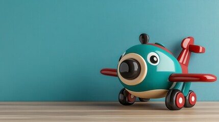 Naklejka premium Teal And Red Toy Airplane On Wooden Surface With Textured Background