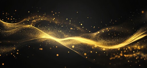 Obraz premium Golden glittering particles flow against a dark black background
