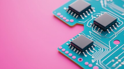 Fototapeta premium Teal Circuit Board With Black Chips On Pink Background