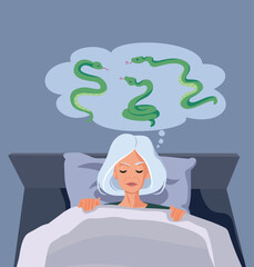 Elderly Woman Having a Nightmare Dreaming of Snakes Illustration. Senior lady sleeping and dreaming of evil creatures 

