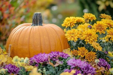 Pumpkin and Colorful Autumn Flowers in a Garden