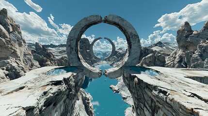 Grey Stone Rings Arching Over a Turquoise Lake in a Mountainous Fantasy Landscape