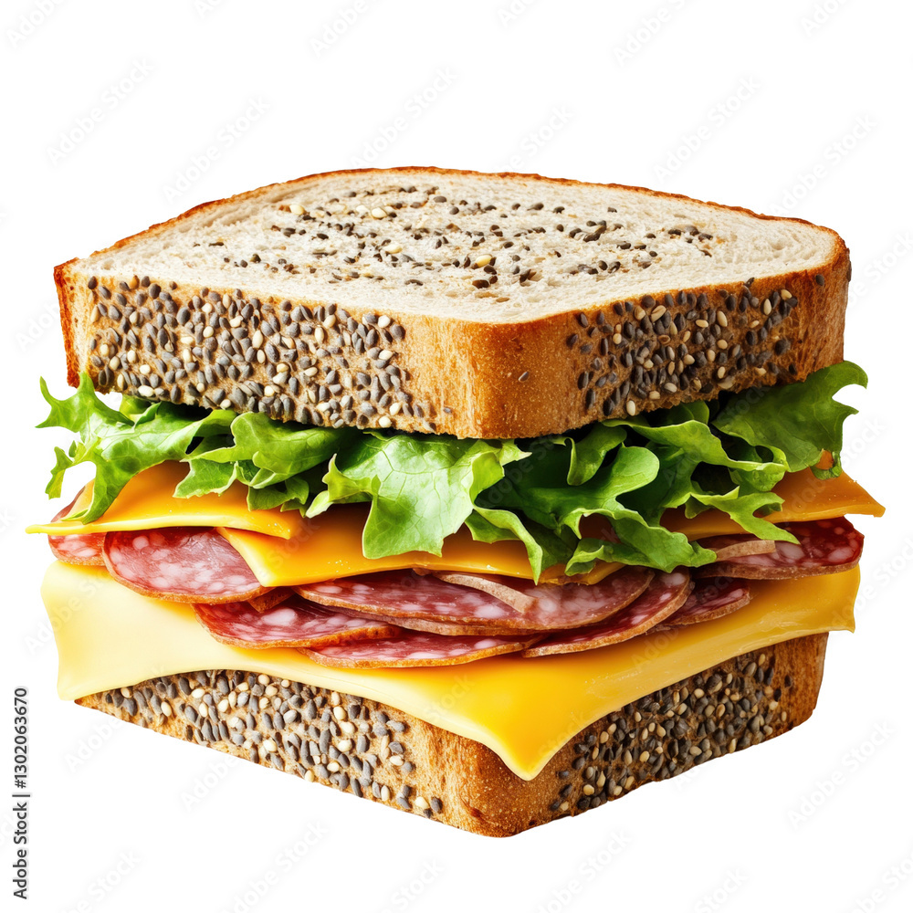 Poster savory sandwich stack with layers of ham and cheese surrounded by fresh lettuce and soft buns ready 