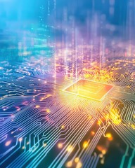 Abstract digital circuit board with glowing elements and vibrant colors.