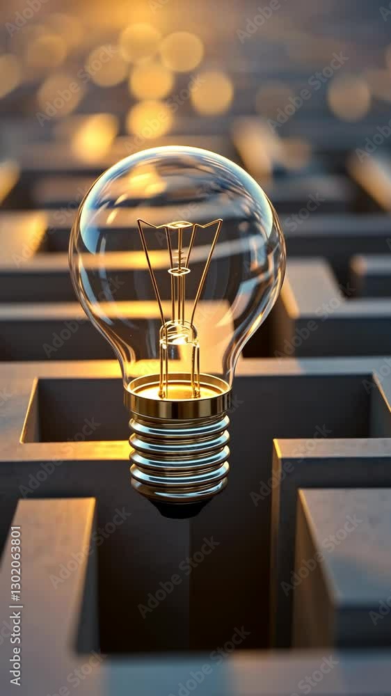 Poster light bulb illuminates a labyrinth as the sun sets in a creative representation of problem solving a