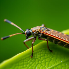 Close-up insect on leaf, green background, nature macro