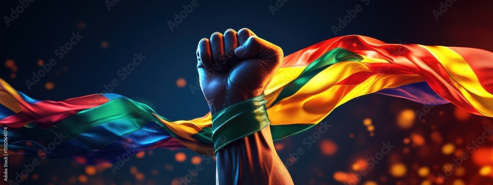 Poster symbolic representation of unity and strength in colorful pride flag through a raised fist