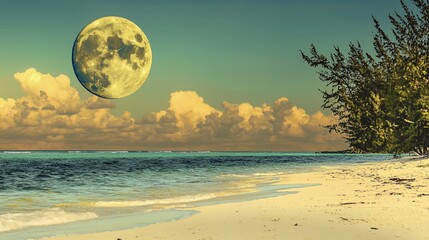 Tropical Beach Night Scene with Large Yellow Moon and Clouds
