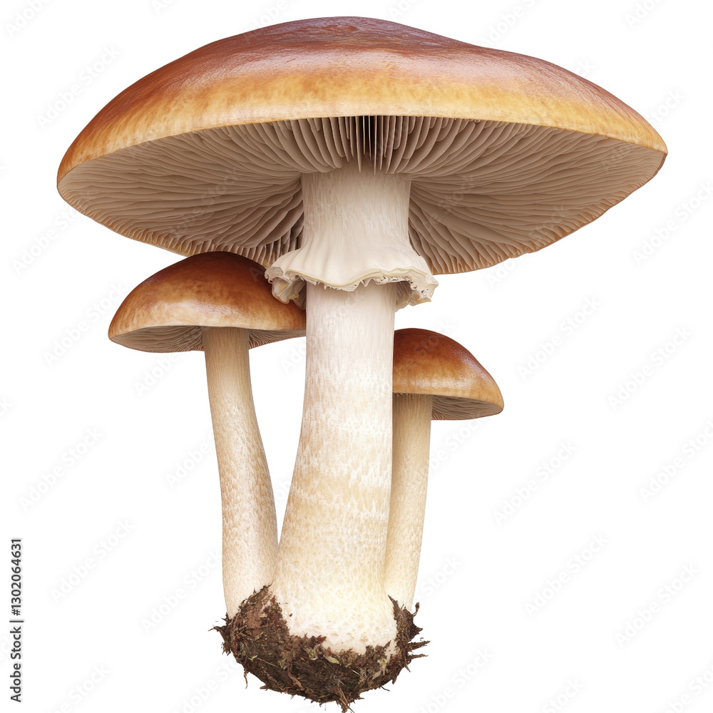 Poster a single mushroom on a deep black background highlighting its unique shape and texture in a minimali