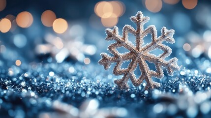 Festive snowflake on glittery background; elegant winter scene; use for holiday greeting cards, backgrounds