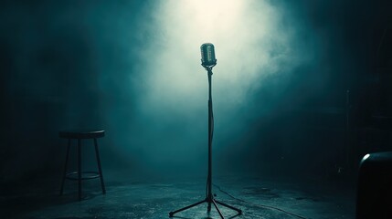 A gleaming microphone stands center on a misty, shadowed stage, bathed in ethereal light that dances through the enveloping fog, casting an enigmatic glow as it gazes to the right