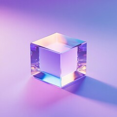 Iridescent glass cube with inner glow on purple background.